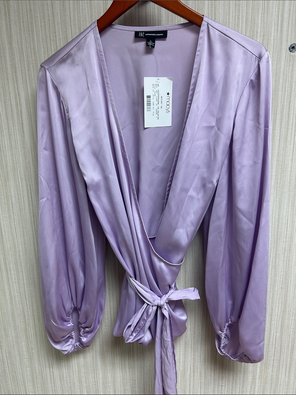 INC International Concepts Lavender Satin Wrap Blouse